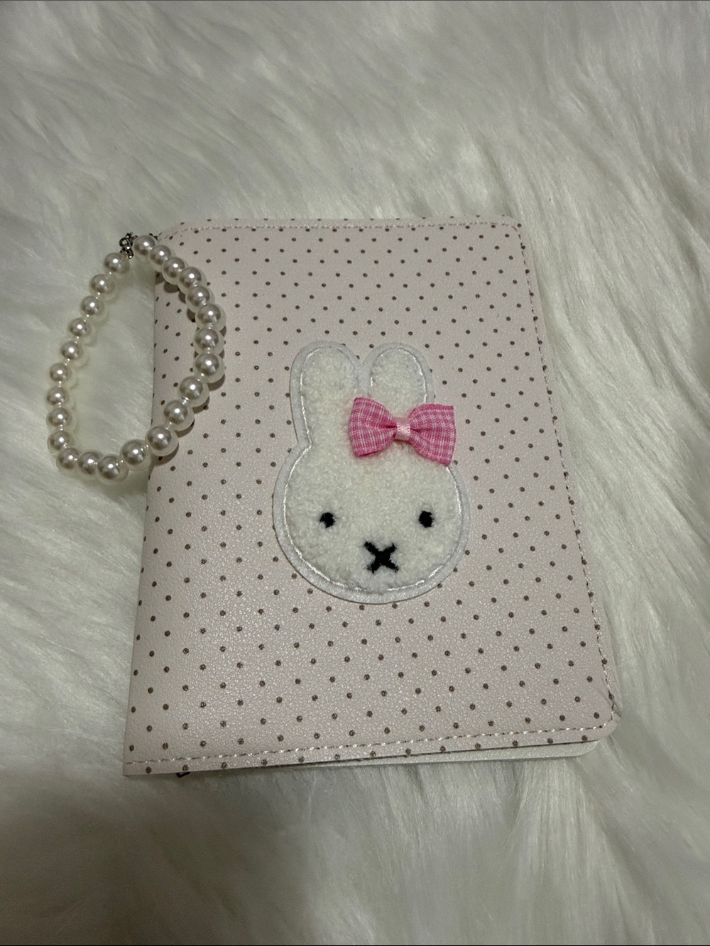 Pink Polka Dot Bunny Wristlet Passport Cover Wallet with Pearl Strap